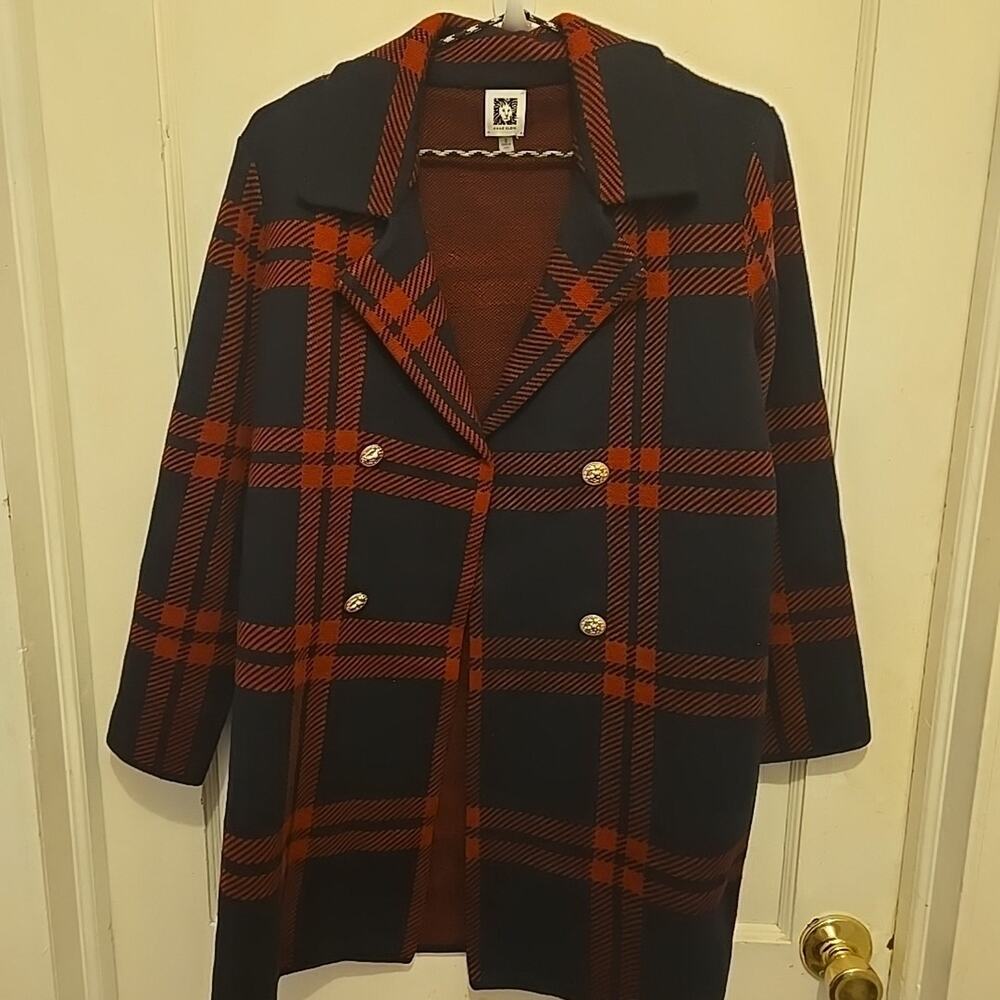 Anne Klein Red Black Plaid Ladies Size S Long Open Cardigan Gold Tone Buttons